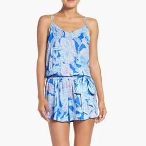 Lilly Pulitzer Deanna Blouson Romper Seashell Pattern Pink Blue Medium Shorts M